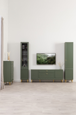 Гостиная Марион композиция 1 дымчатый зеленый K521, олива шагрень AG 1050 ПВХ, белый PE шагрень (собирается на любую сторону)